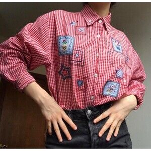 VTG Quizz Again Embroidered Shirt Sz. Small Country Apple Picking Check Plaid